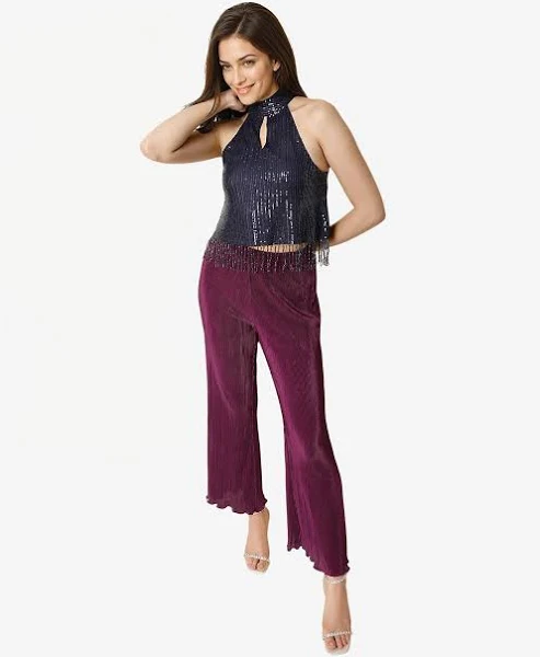 Navy Nylon Halter Neck Sequined Sleeveless Regular Fit Top