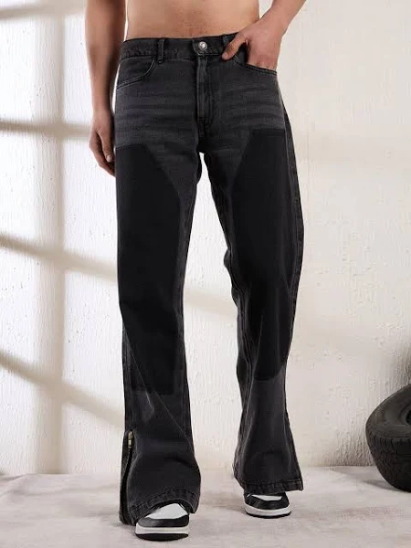 Men's Contrast Patched Flared Zipped Denim Jeans