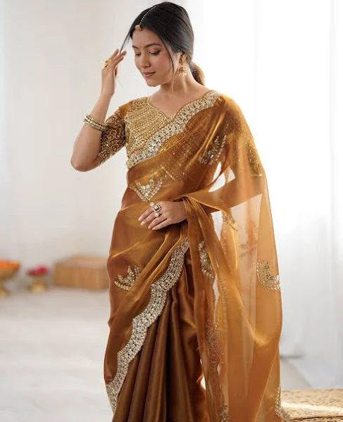 Tissue Silk Sequence Embroidery Saree