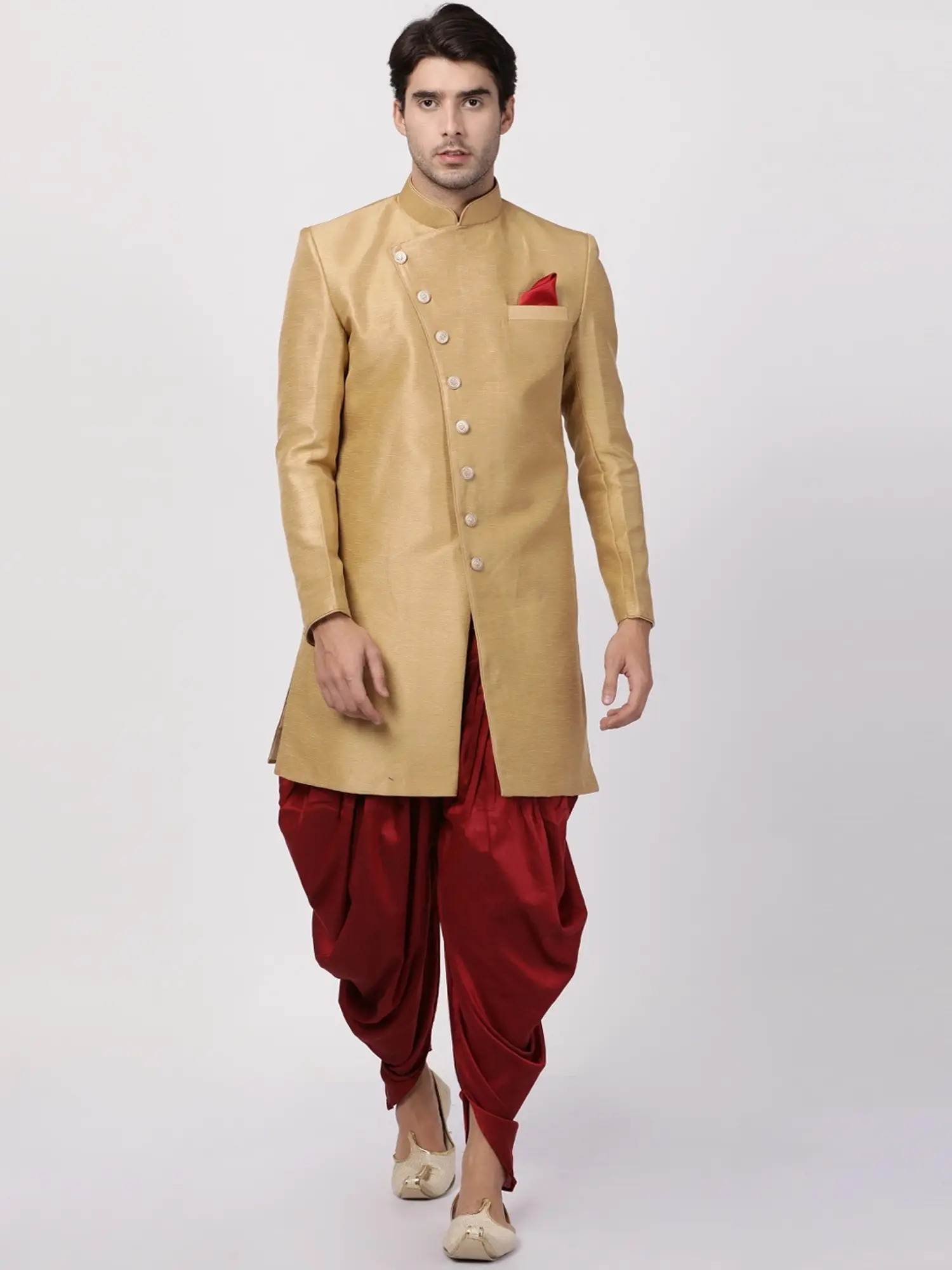 Gold & Maroon Regular Fit Sherwani Set