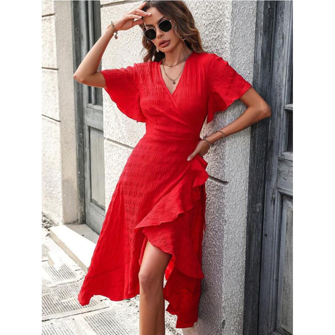 Ruffle Sleeve Wrap Knot Side Dress Flattering & Comfortable